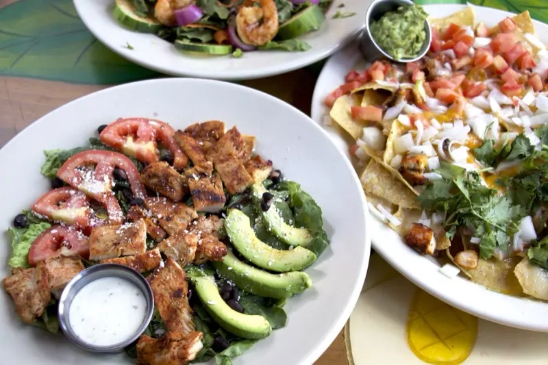Grilled chicken salad and loaded nachos